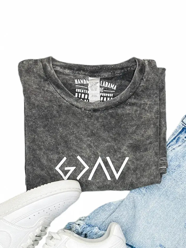 GOD IS GREATER TEE (dark grey acid washed)